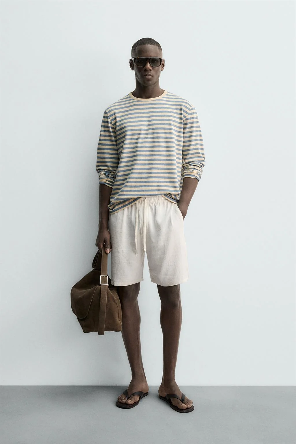 Полосатая льняно-хлопковая футболка с длинным рукавом — С длинным рукавом