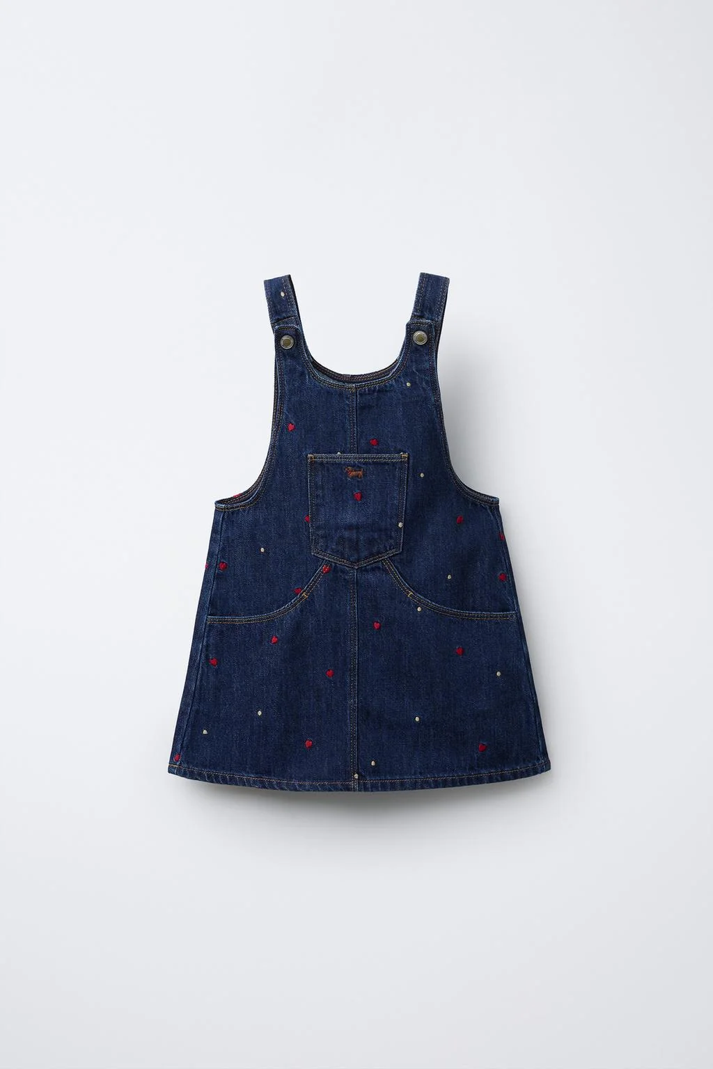 DENIM PINAFORE DRESS WITH EMBROIDERED HEARTS