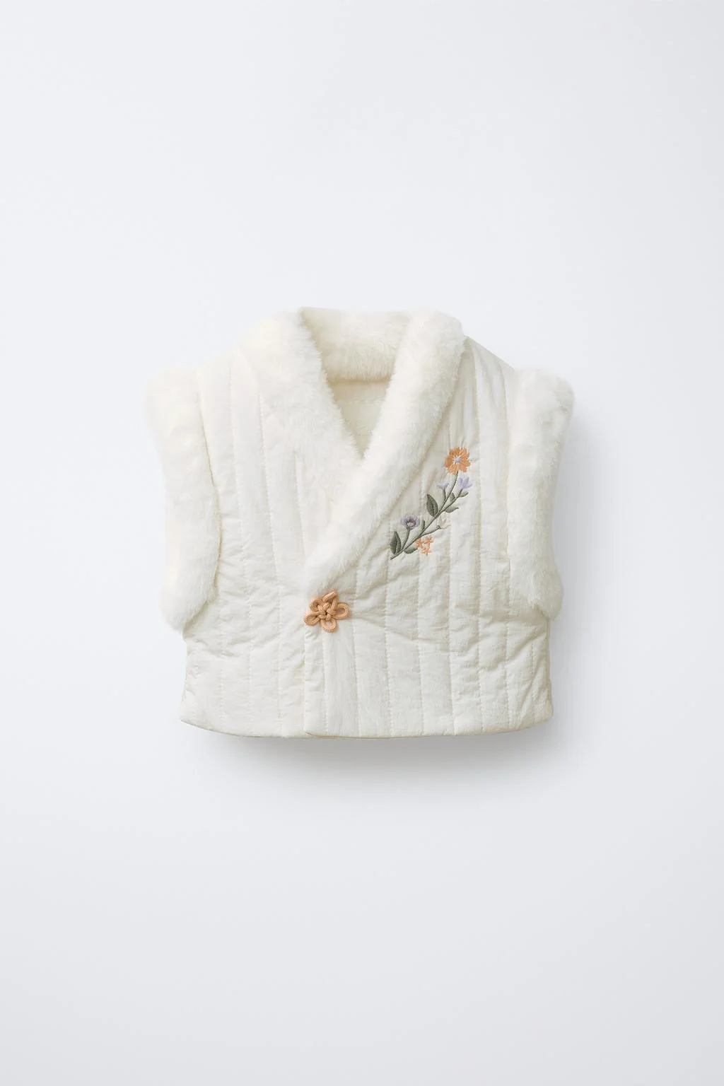 FAUX FUR PUFFER GILET WITH EMBROIDERED FLOWERS