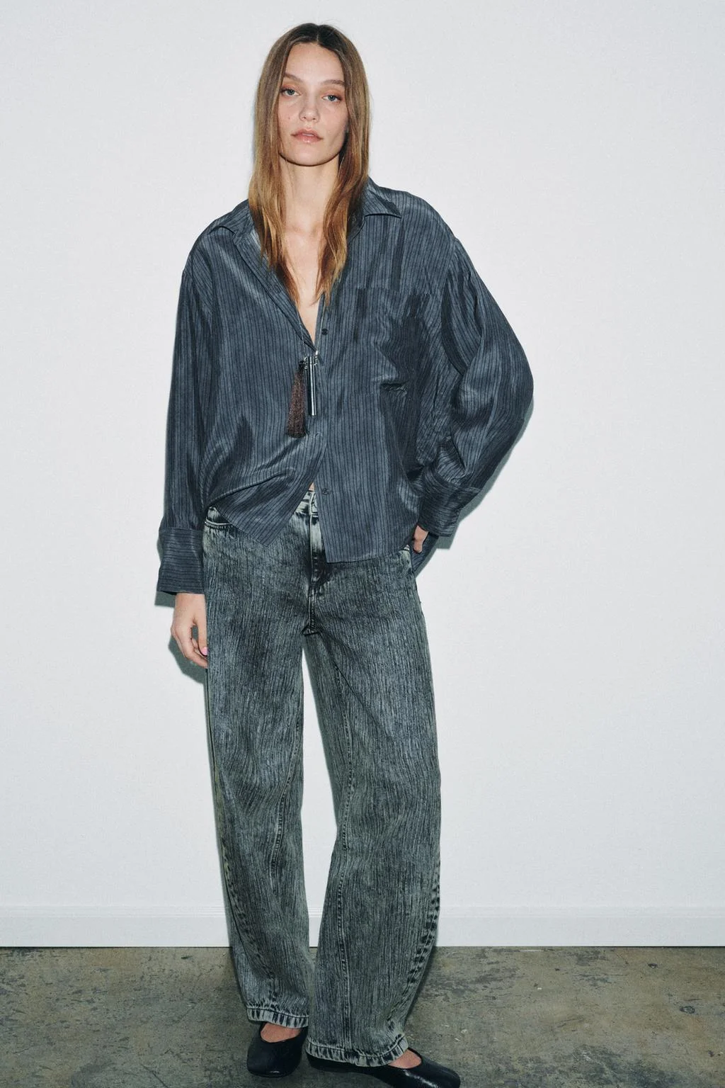 Оверсайз рубашка с плиссировкой в полоску коллекция ZW