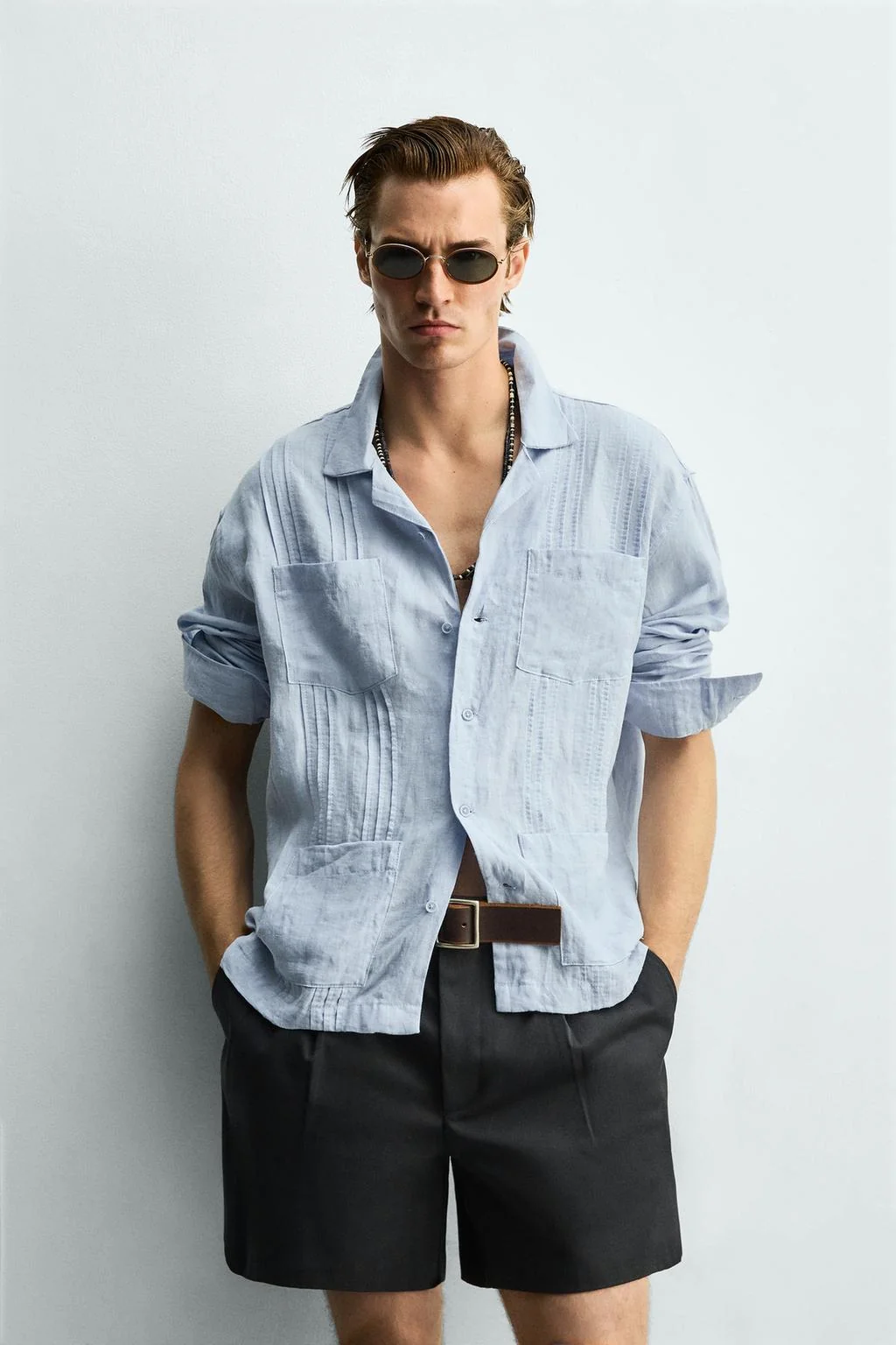 Плиссированная рубашка relaxed fit из 100% льна