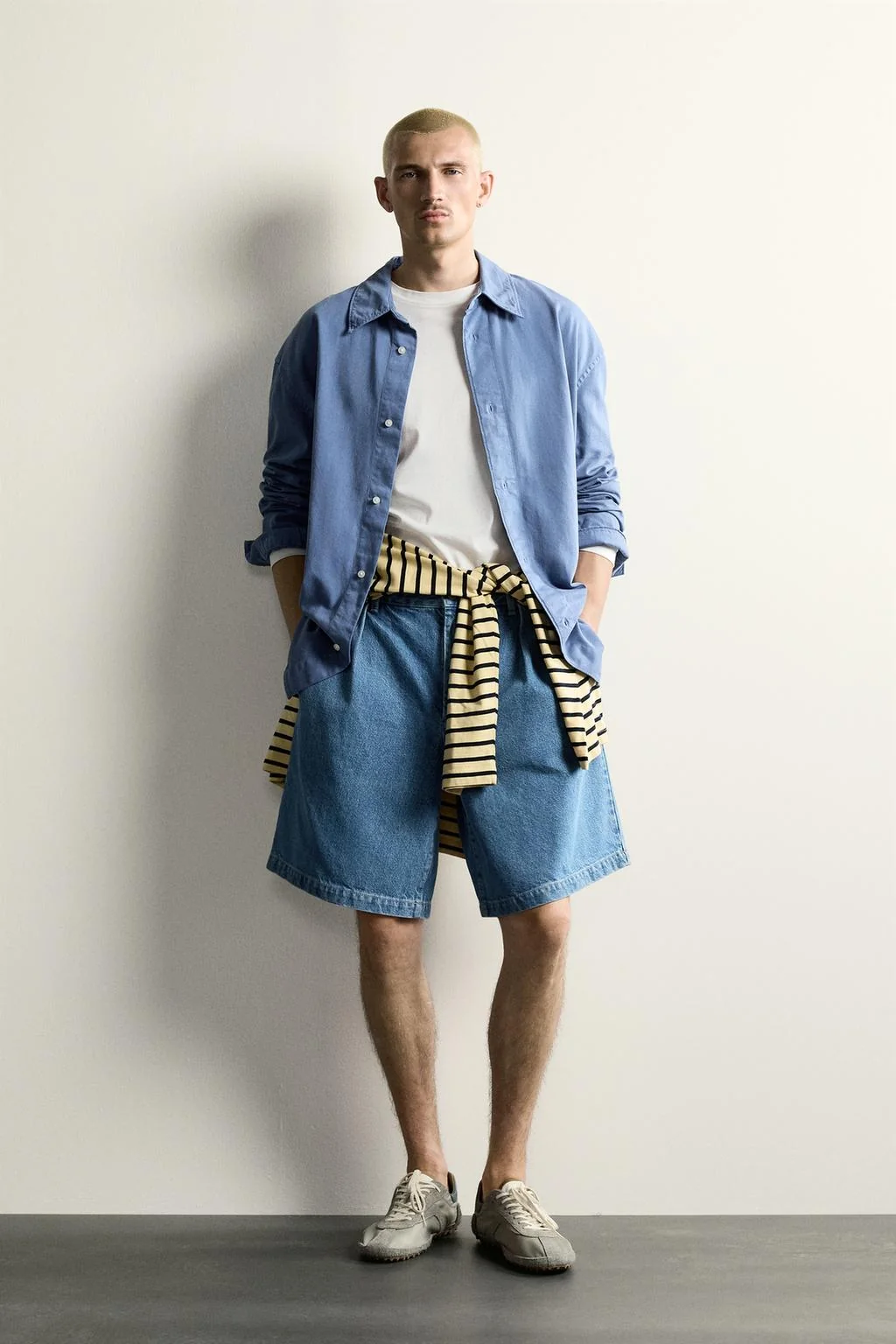 RELAXED FIT DENIM CHINO BERMUDA SHORTS WITH PLEATS