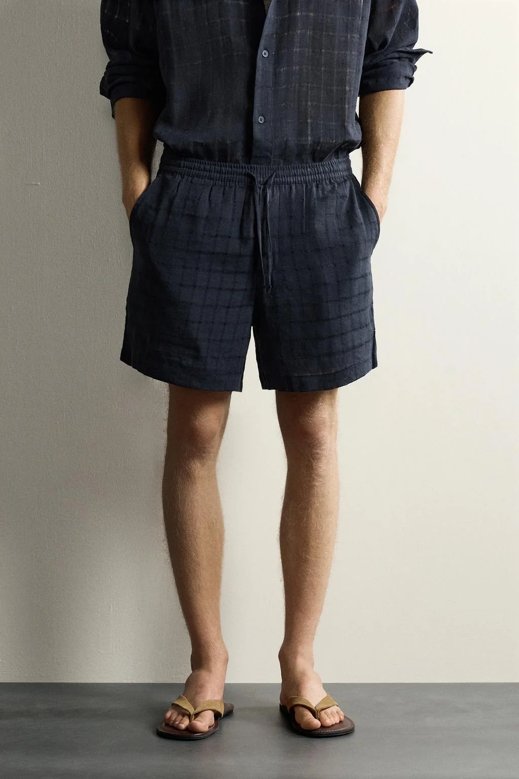 CHECK JACQUARD LINEN/COTTON BERMUDA SHORTS