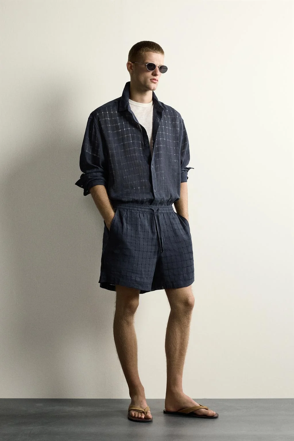 LINEN/COTTON CHECKED JACQUARD RELAXED FIT SHIRT