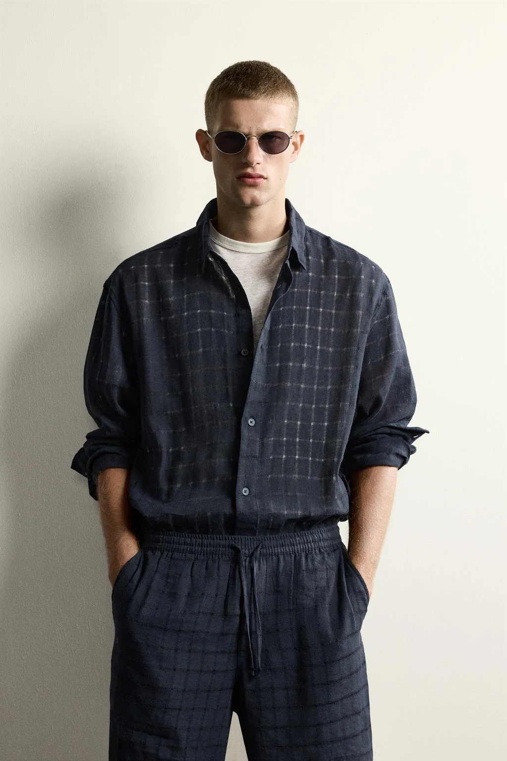 RELAXED FIT LINEN/COTTON JACQUARD CHECK SHIRT