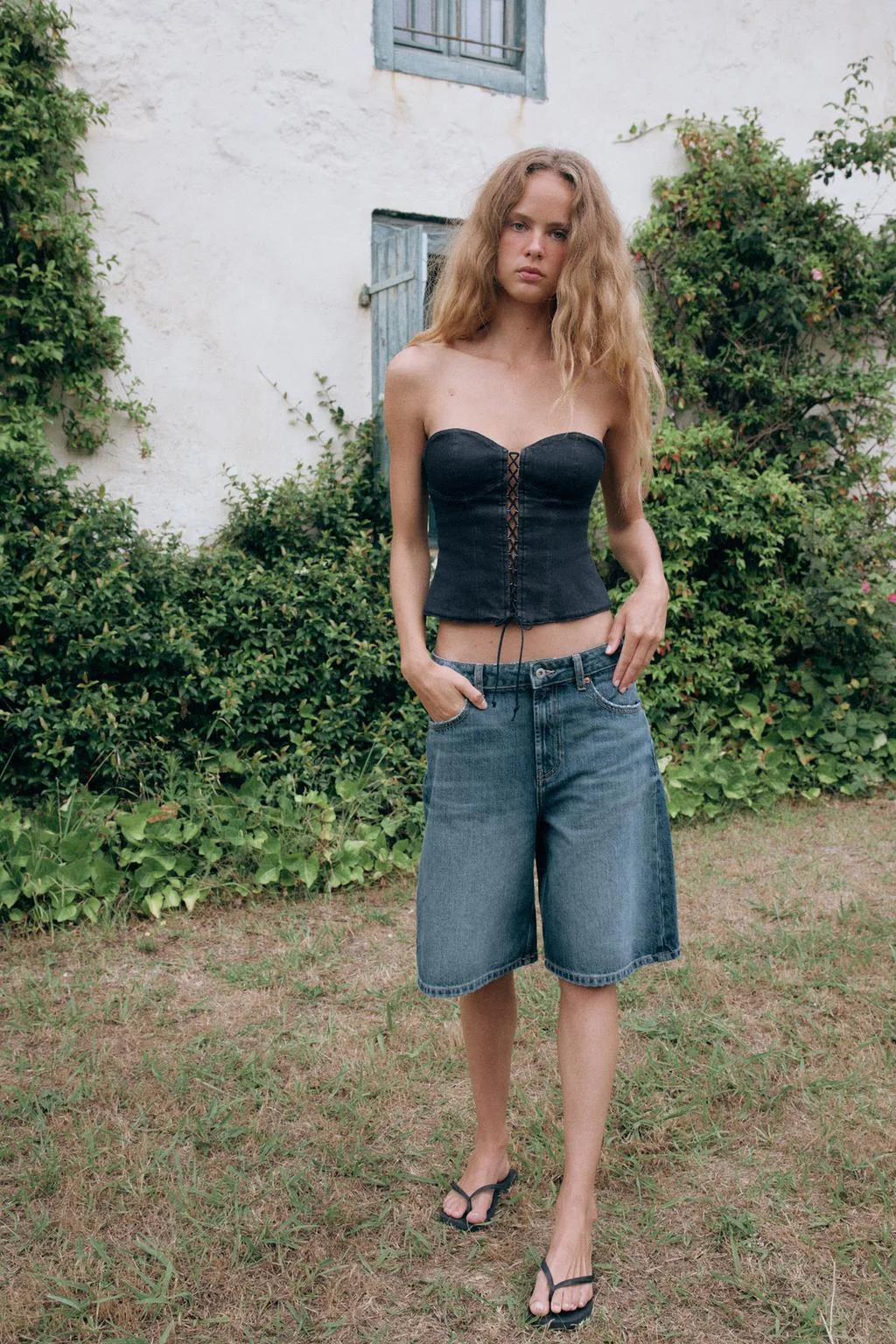 TRF MID-WAIST BAGGY DENIM BERMUDA SHORTS