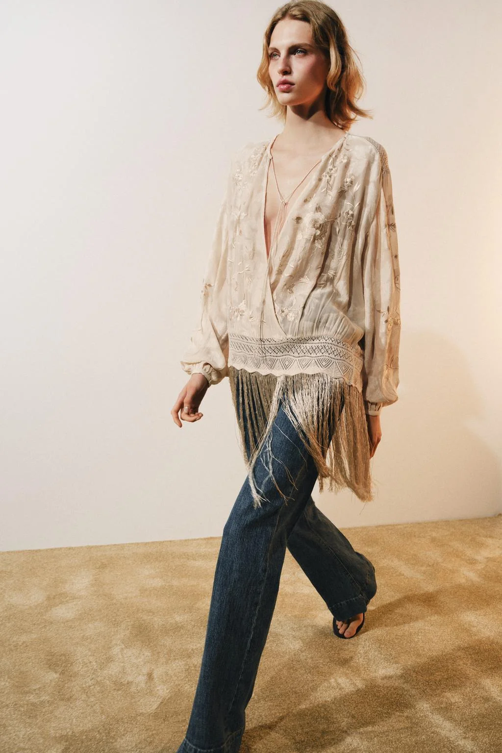 ZW COLLECTION EMBROIDERED FRINGED BLOUSE