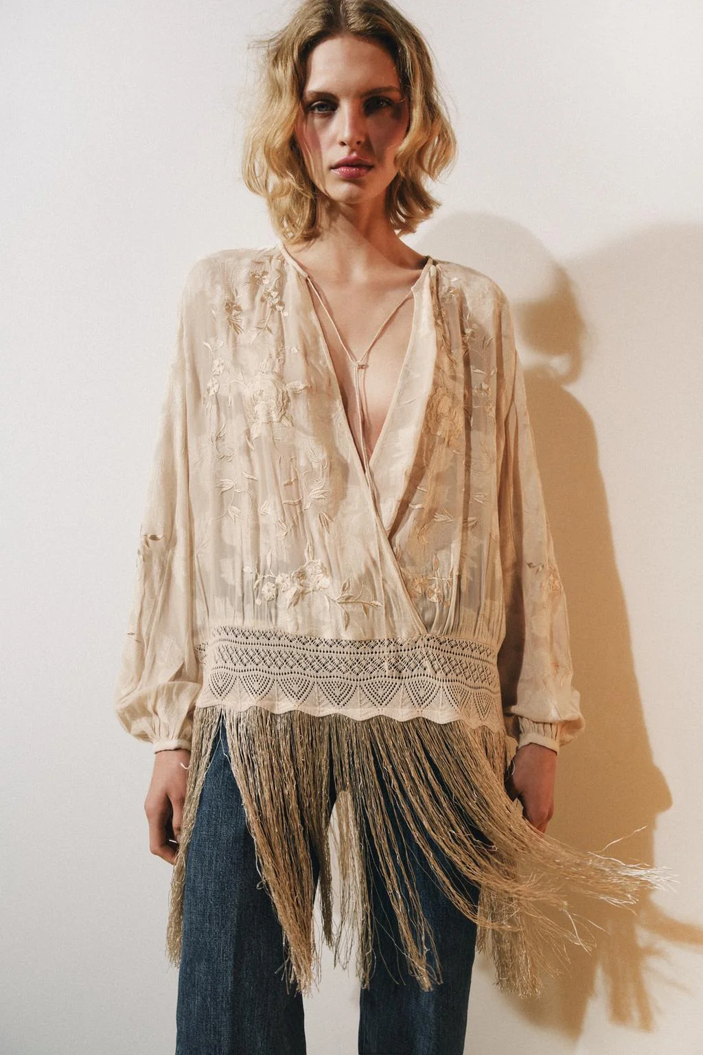 ZW COLLECTION EMBROIDERED FRINGED BLOUSE