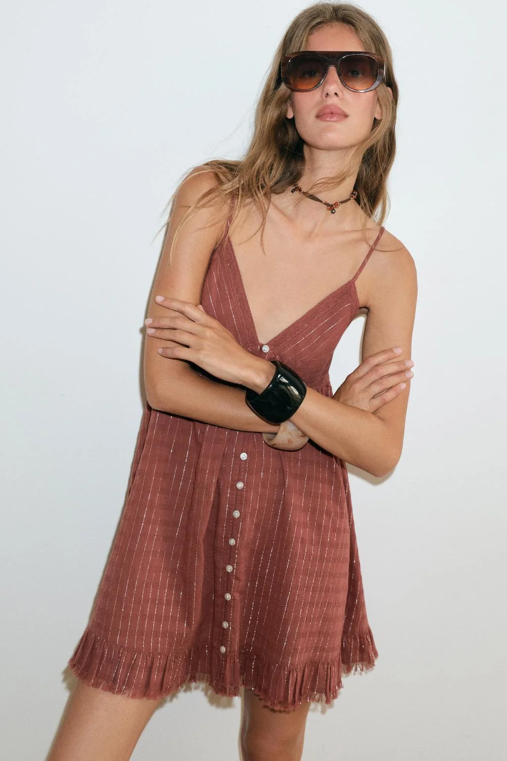 METALLIC THREAD STRIPED MINI DRESS