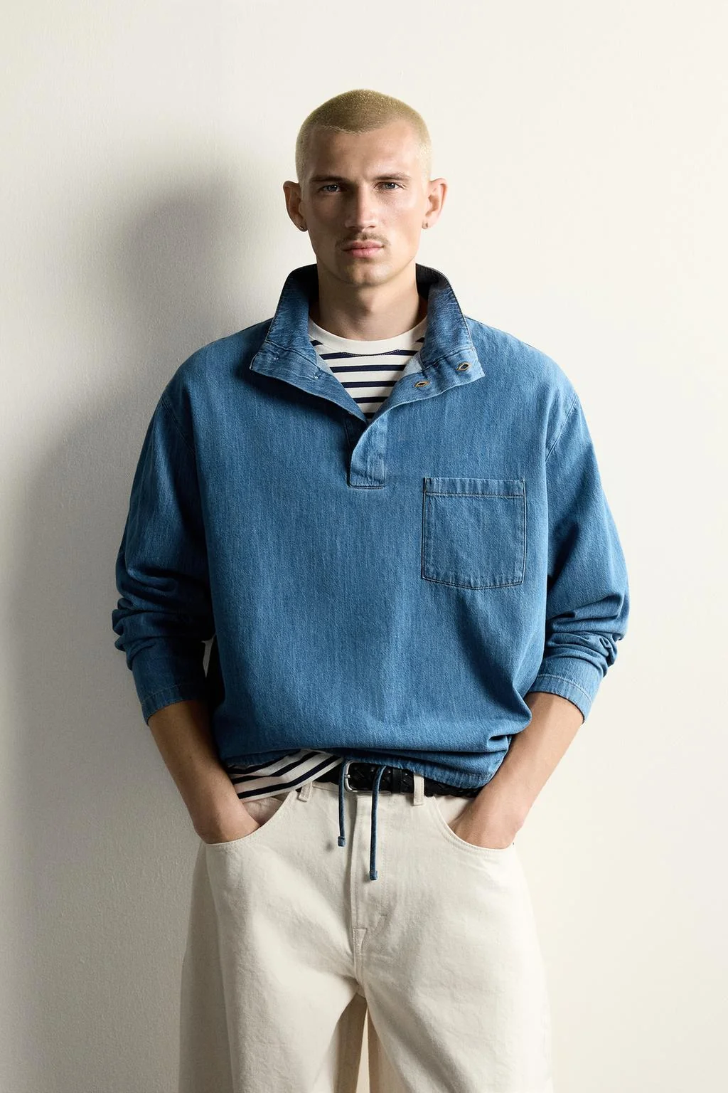 LIGHTWEIGHT WASHED DENIM POLO SHIRT