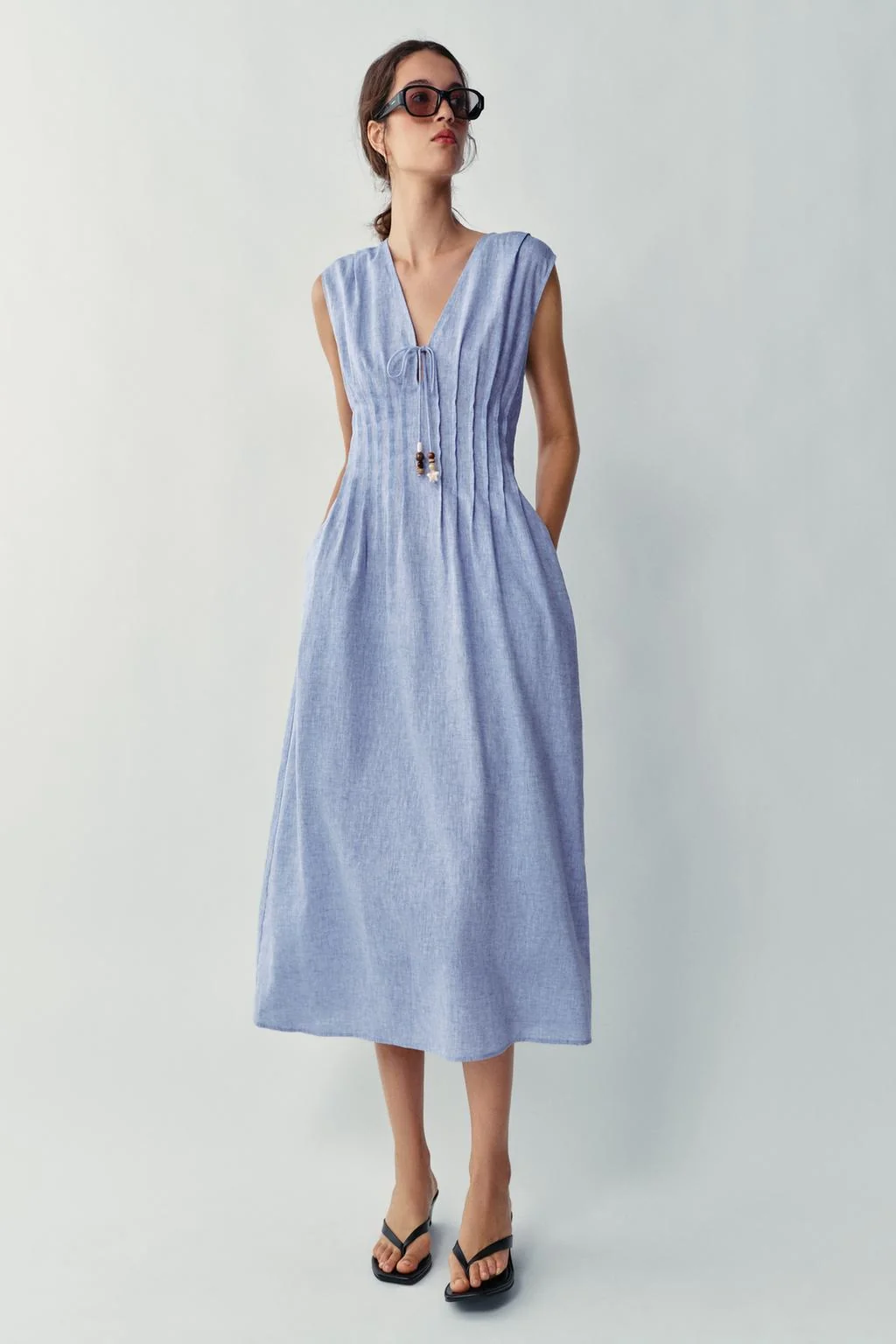 LINEN BLEND PINTUCK MIDI DRESS