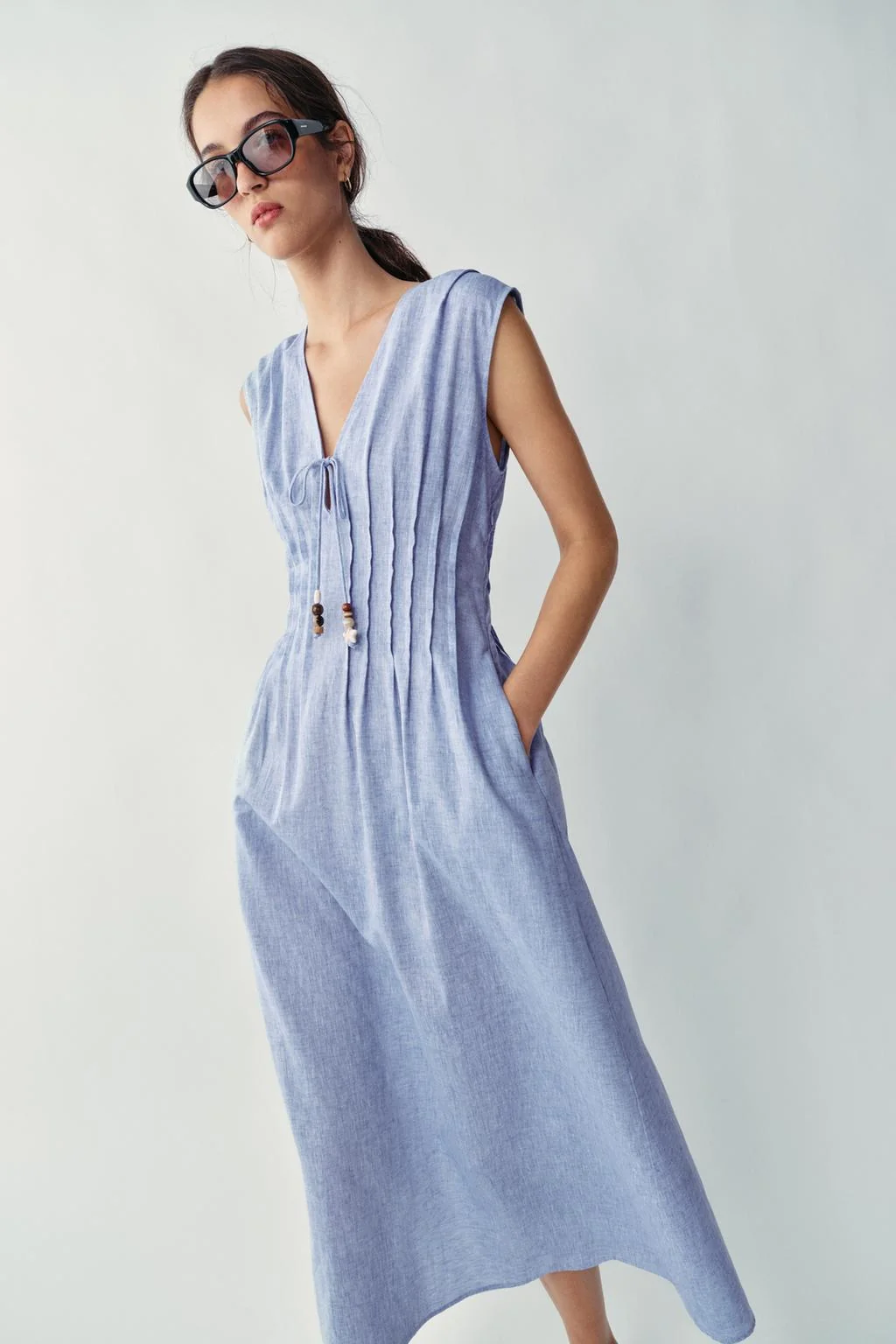 LINEN BLEND PINTUCK MIDI DRESS