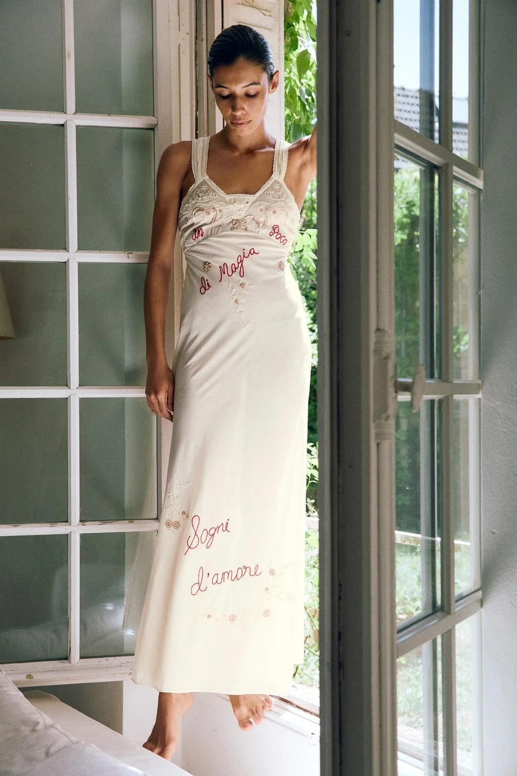 EMBROIDERED FLORAL AND TEXT DRESS WITH BEADS