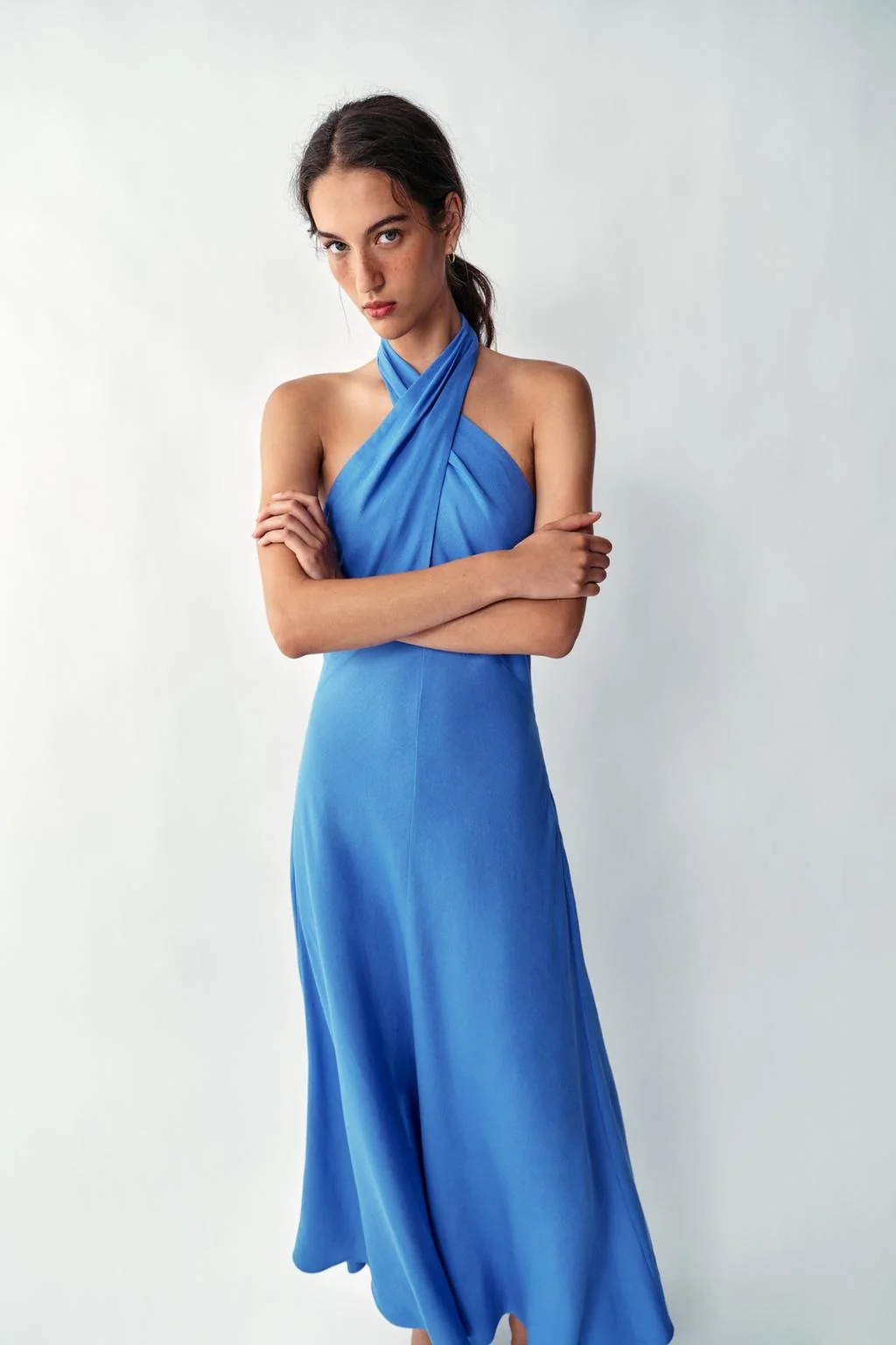 LINEN BLEND HALTER MIDI DRESS