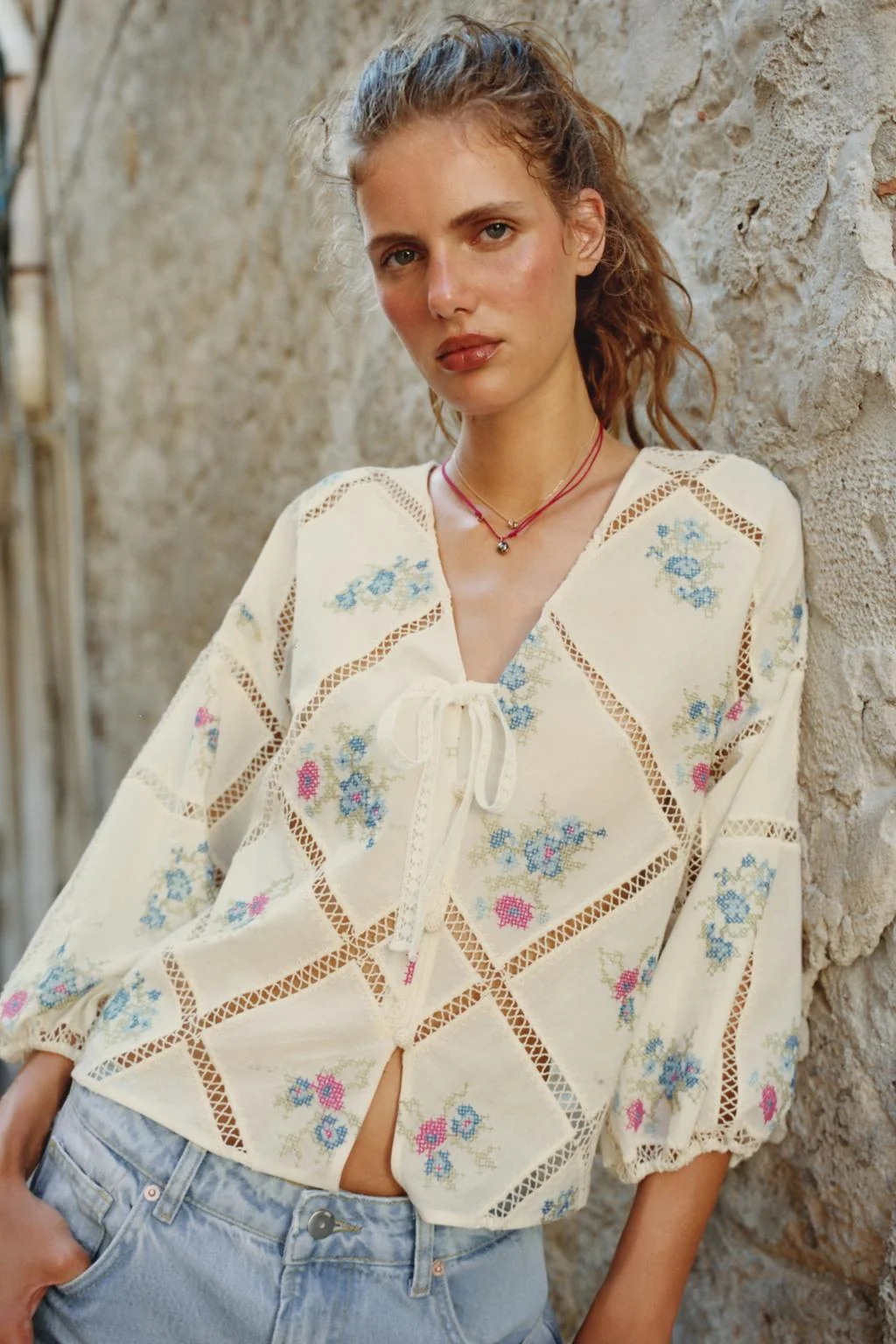 BLOUSE WITH LADDER STITCH AND EMBROIDERY