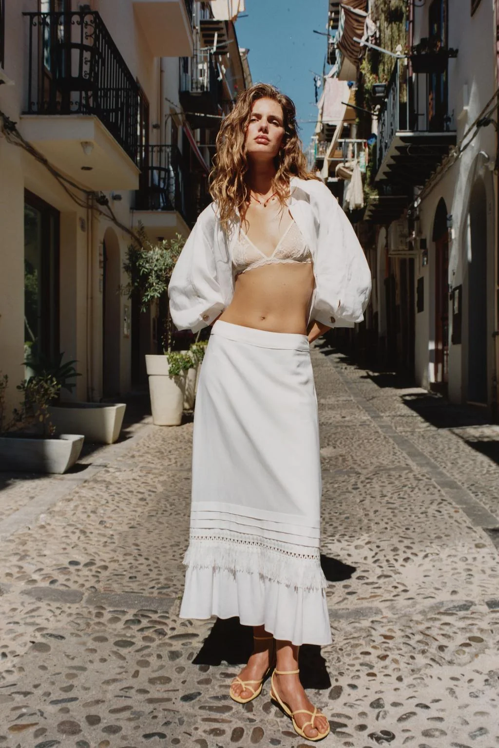 FRINGED LINEN BLEND MIDI SKIRT