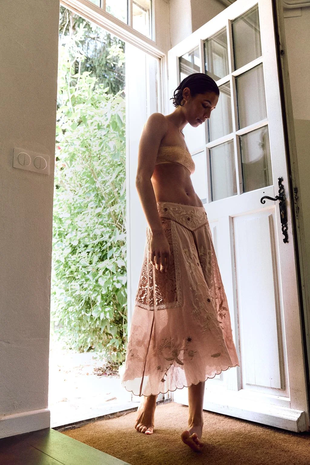 MIDI SKIRT WITH EMBROIDERY, FLOWERS AND BEADS