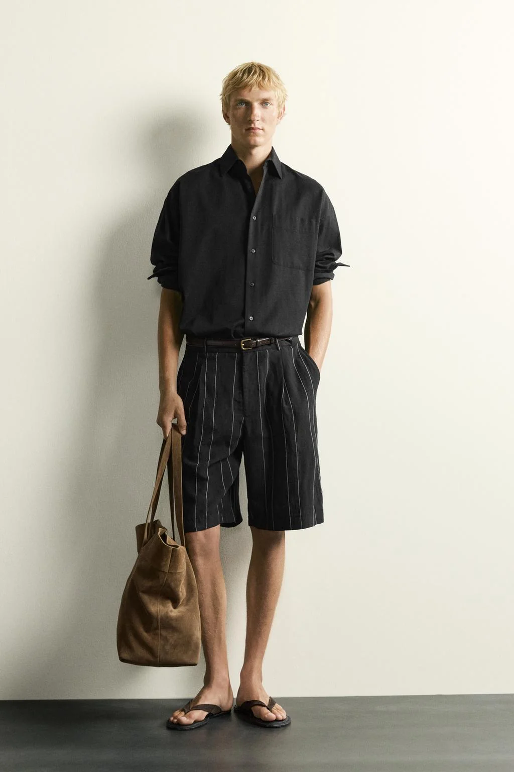 STRIPED RELAXED FIT PLEATED BERMUDA SHORTS