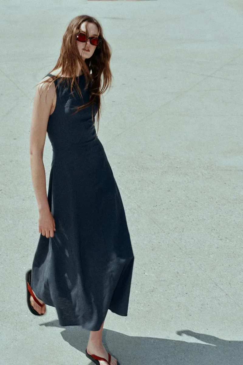 Платье-миди из льняной смеси с открытым спиной