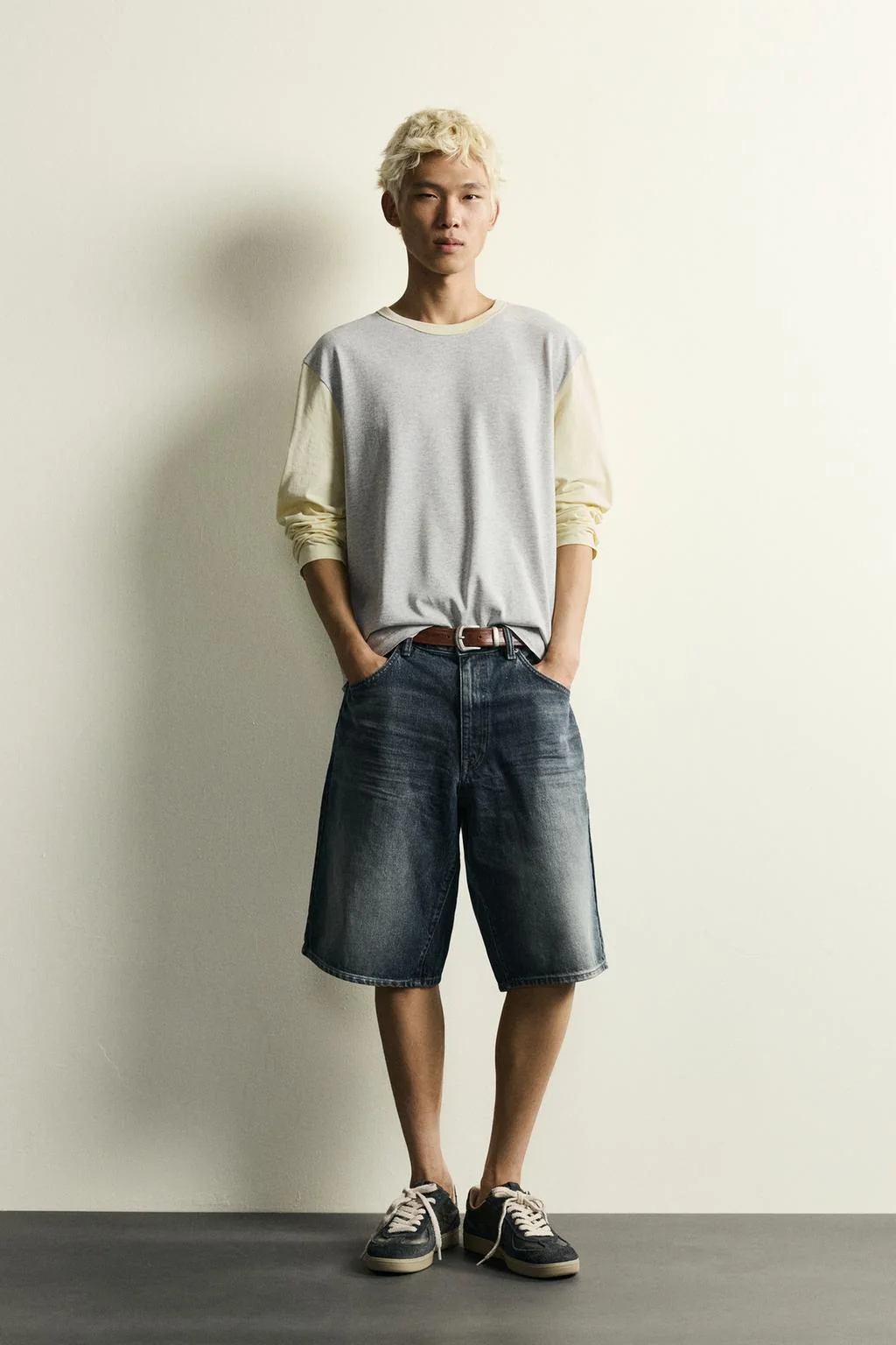COMBINED LEATHER BAGGY FIT DENIM BERMUDA SHORTS