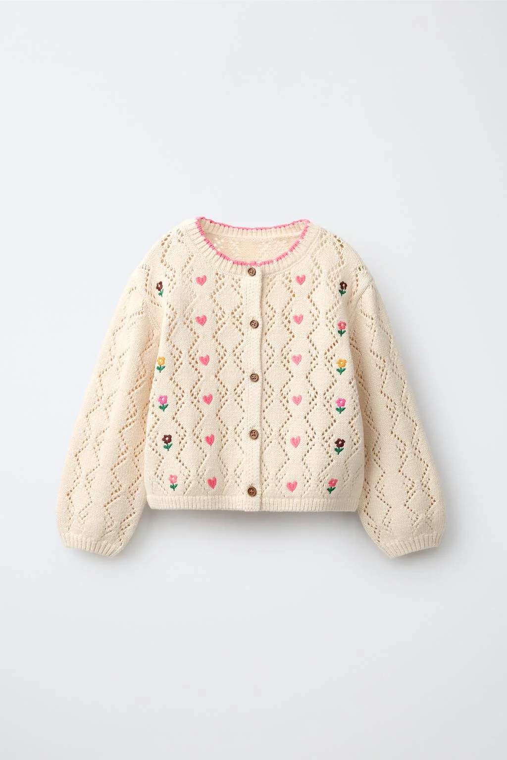 CUTWORK KNIT CARDIGAN WITH EMBROIDERED HEARTS