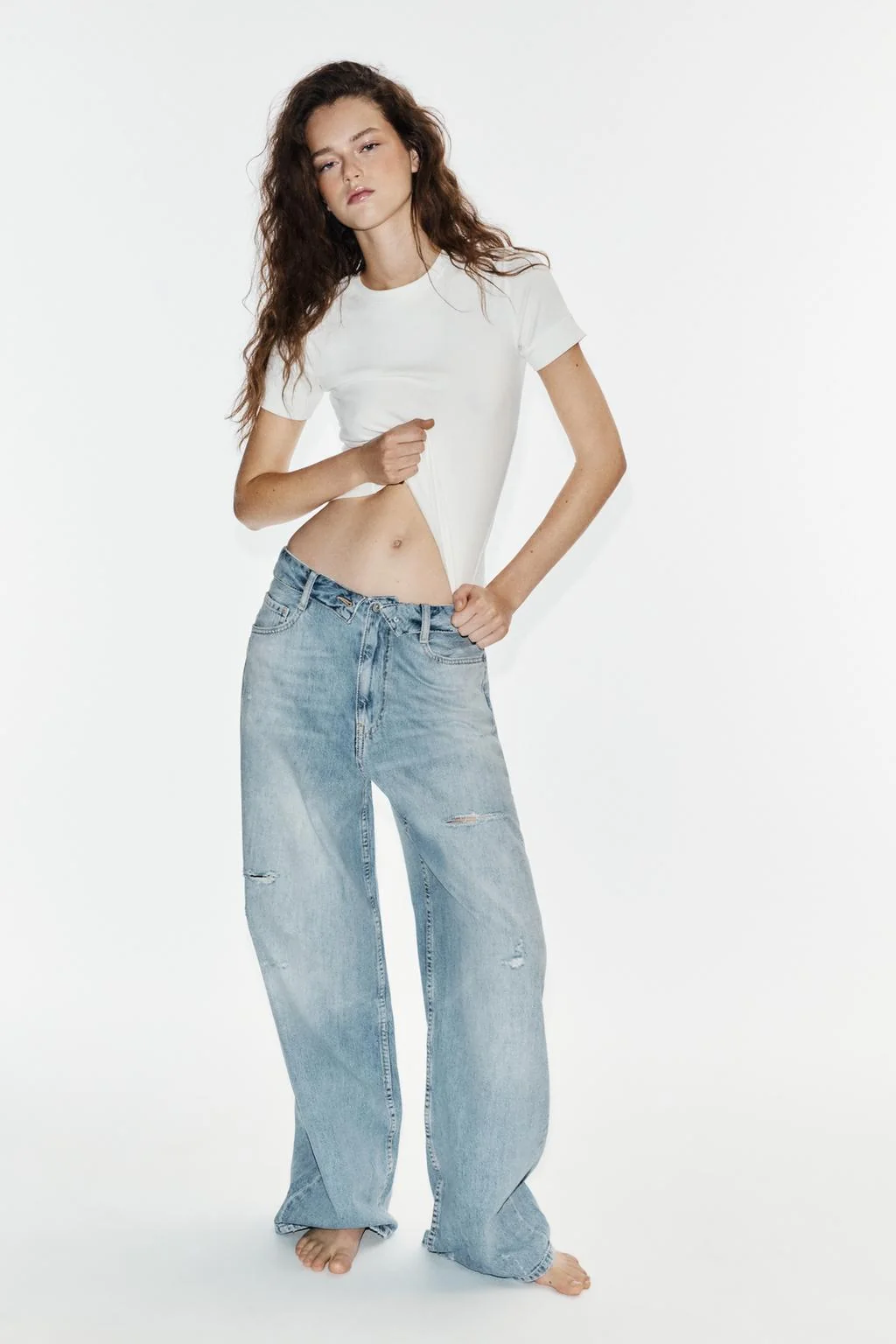 TRF RIPPED FOLDED WAIST MID-WAIST JEANS