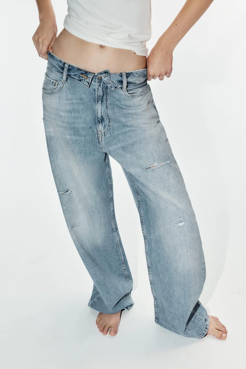 TRF RIPPED FOLDED WAIST MID-WAIST JEANS