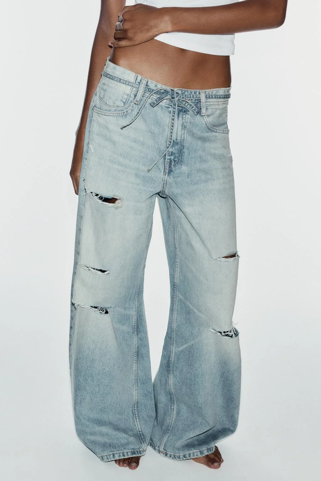 TRF MID-WAIST RIPPED BAGGY JEANS WITH BELT