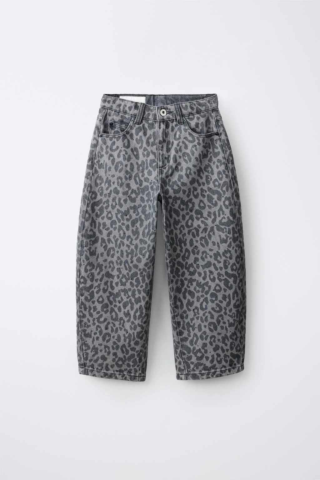 ANIMAL PRINT RHINESTONE BARREL JEANS