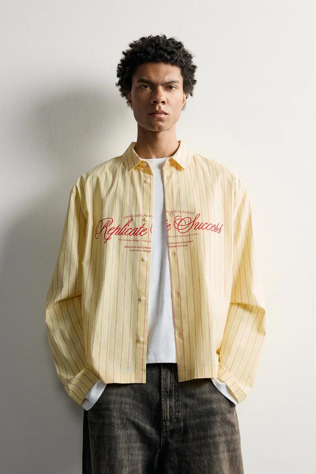 STRIPED BOXY FIT SHIRT WITH SLOGAN