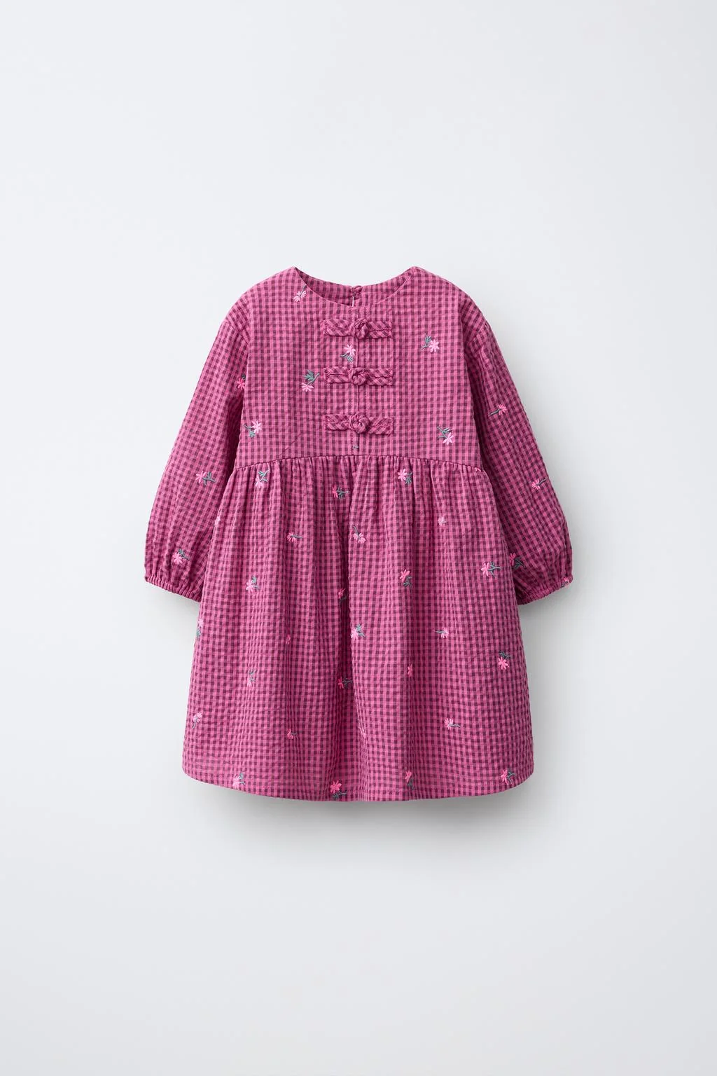 GINGHAM CHECKED DRESS WITH FLORAL EMBROIDERY AND FROG FASTENING