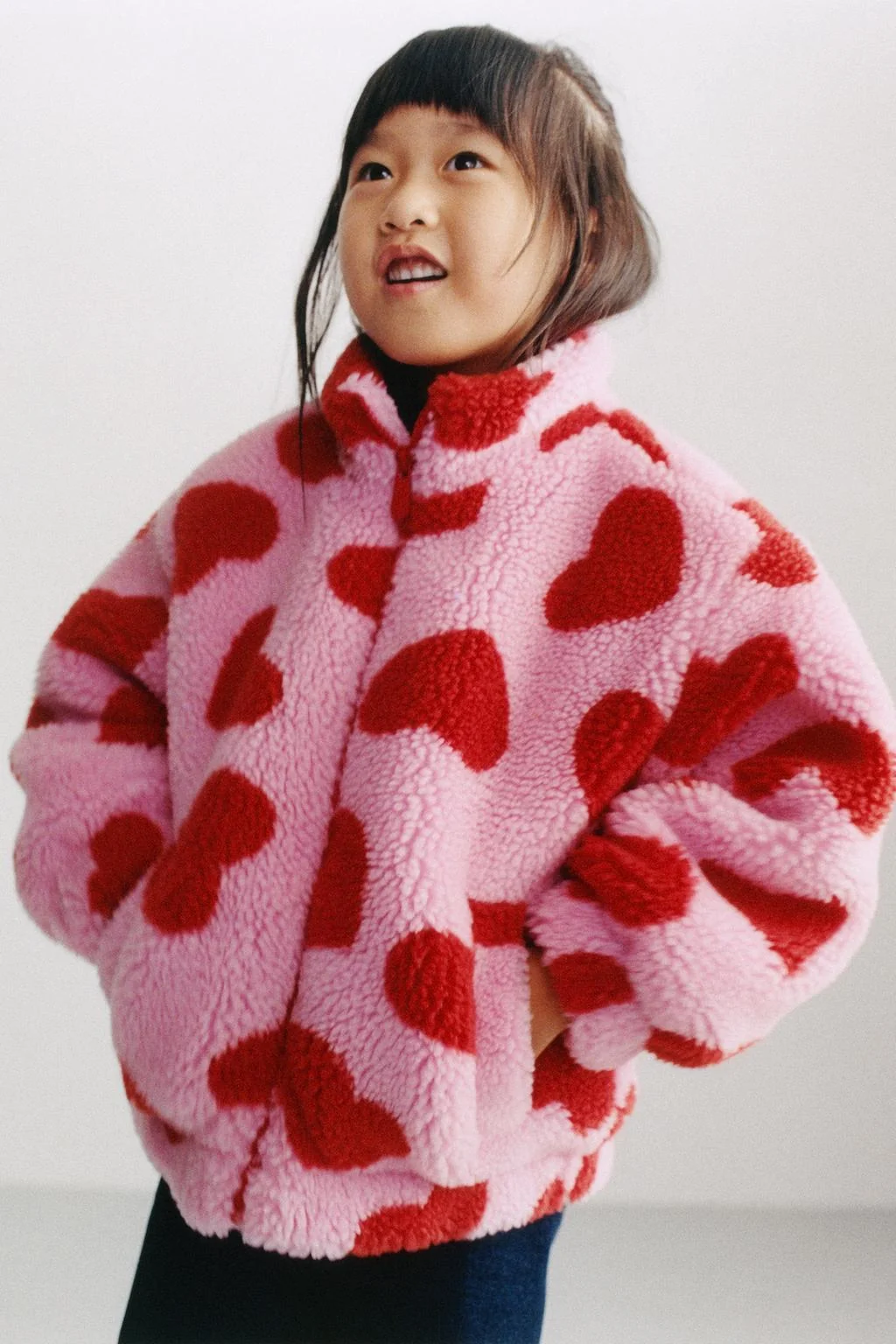 HEART PRINT FAUX SHEARLING JACKET