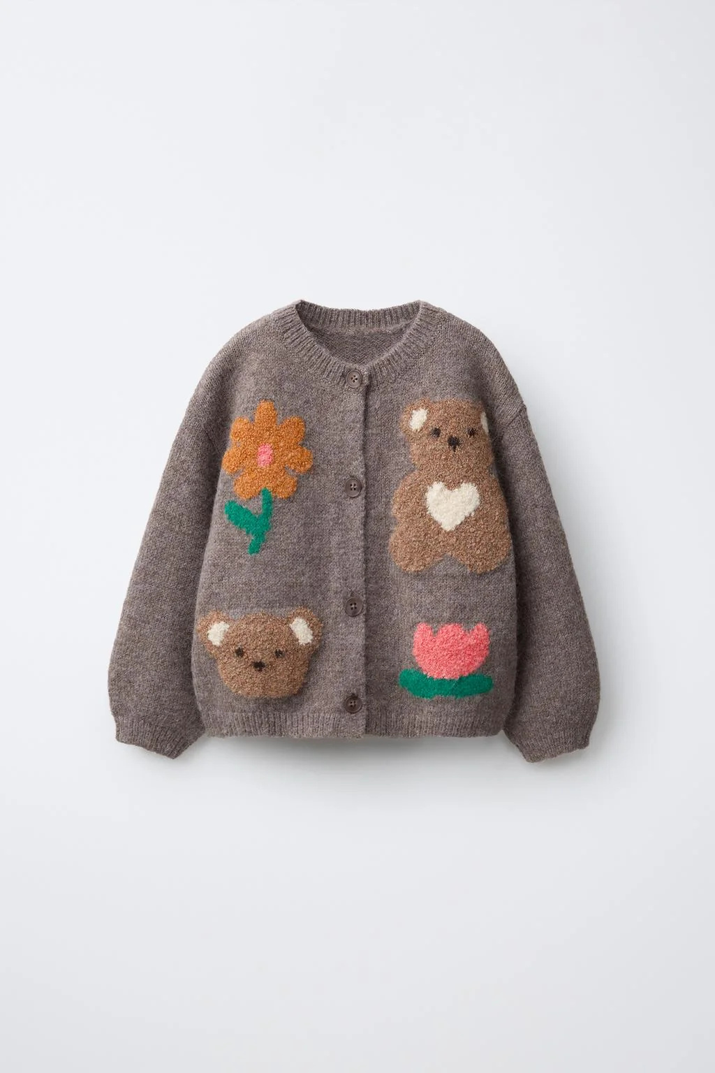 BEAR AND FLORAL KNIT CARDIGAN